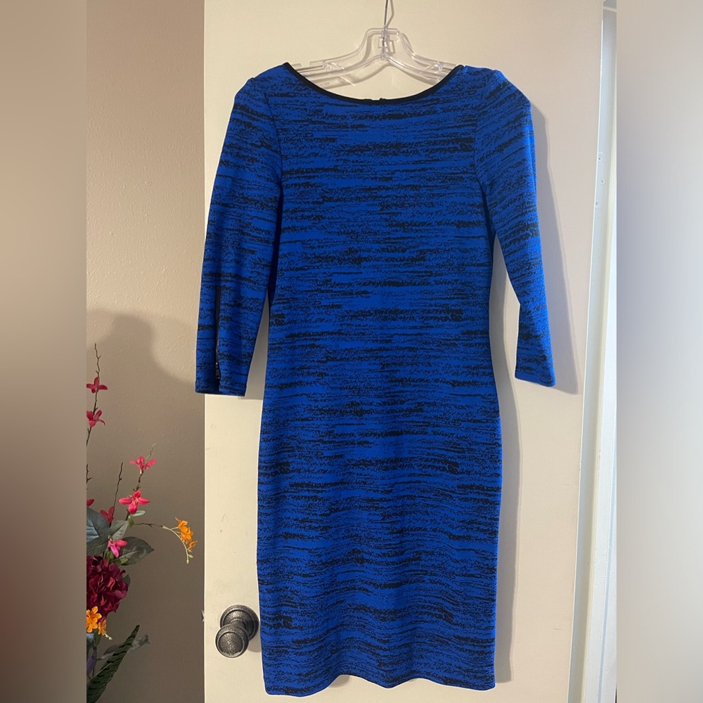 Blue and black print 3/4 sleeves knee length dress. New without tags